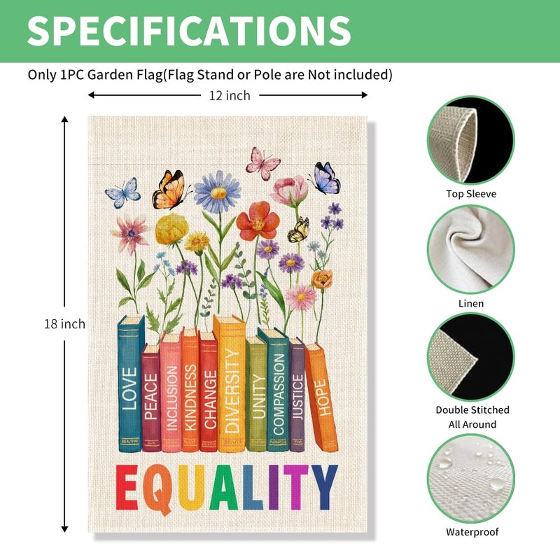 Perfectinsoy Equality Love Kindness Change Unity Hope Compassion Garden Flag,