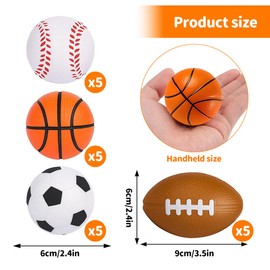 LUFEIS 20 Pcs Foam Balls, Include 5 Footballs, 5 Rugby Balls, 5 Basketballs, 5 Tennis Balls, Sponge Stress Ball for Kids, Sports Party Bag Fillers for Prizes Birthday Party Favours
