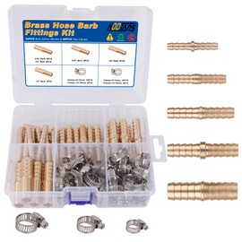 KOOTANS 32PCS Brass Hose Barb Fittings Barb Splicer Mender Hose Fittings Kit 3/16" 1/4" 5/16" 3/8" 1/2" Barbed Air Hose Fittings with 46pcs Pipe Clamps for Water Fuel Air Line Connector Fitting
