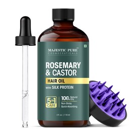 Majestic Pure 100% Pure Rosemary Oil For Hair Growth with Scalp Massager - Strengthening, Nourishing, Volumizing - Infused with Silk Protein & Castor Oil - Non GMO Verified - 4 Fl Oz