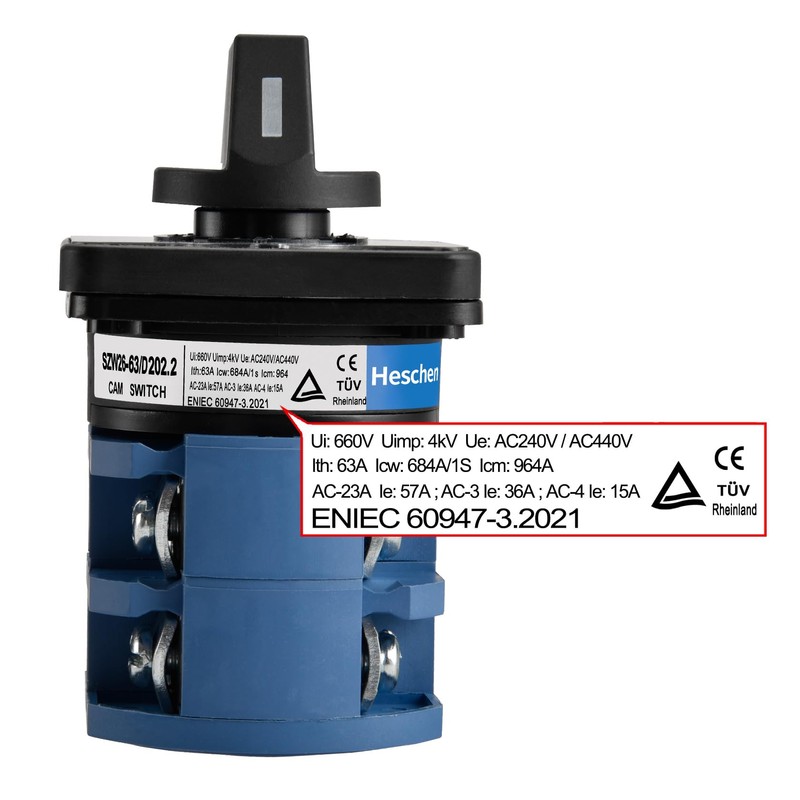 Heschen Universal Rotary Cam Selector Changeover Switch, SZW26-63/D202.2, 660V 63A,