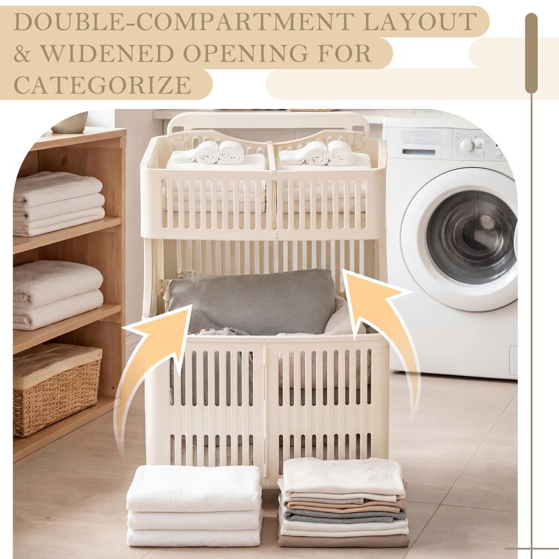 Leinuosen Foldable 2-tier Plastic Laundry Basket with Wheels and Handle