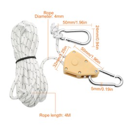 2 Pcs 4M Ratchet Ropes, Grow Lights Ratchet Hangers with 2 Replacement Snap Hooks Metal, Adjustable Heavy Duty Rope Hanger for Grow Room Equipment and Outdoor Camping