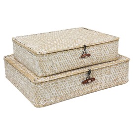 FOSSORH Set of 2 Flat Seagrass Storage Bins with Lid Wicker Storage Baskets for Organizing, Woven Shelf Organizer Bins Home Utility Organizer Box for Home & Office Supplies