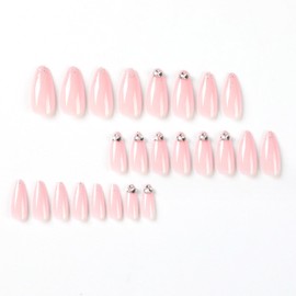 DANMANR Rhinestones Fake Nails Shiny Pink Press on Nails Full Cover Acrylic Medium Almond Flase Nails for Women and Girls 24PCS