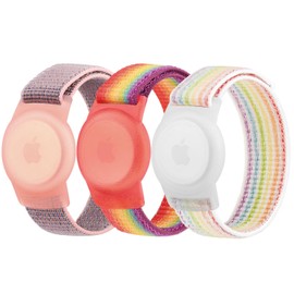 3 Pack Nylon Bracelet for Kids, Airtag Wristband Holder Case, Adjustable Anti Lost Wristband for Toddler Baby Children Elders (Pink Sand/Rainbow/Colorful)