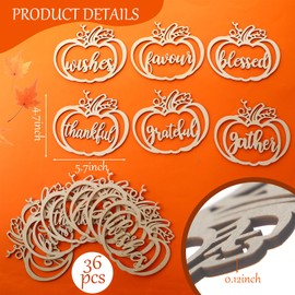 36 Pcs Fall Thanksgiving Plate Decor Pumpkin Wood Cutouts Thankful Blessed Thanksgiving Table Decor Fall Word Plate Sign Place Cards for Autumn Home Table Settings Cutouts