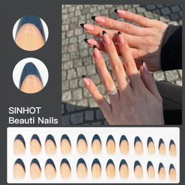 SINHOT French Tip Press on Nails Almond Fake Nails Glossy Glue on Nails Medium Natural Stiletto Acrylic Nails Manicure Black False Nails with Designs 24 pcs