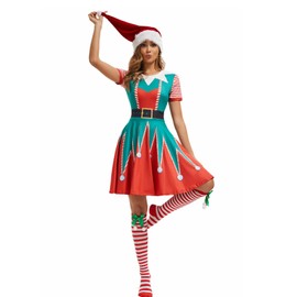 YTWS Ugly Christmas Santas Helper Elf Costume Dress for Women 3D Print Short Sleeve with High Socks and Santa Hat