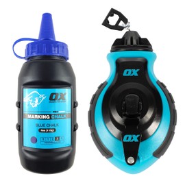 OX Tools Professional Chalk Line Reel & Chalk Powder Combo Pack, 6-to-1 gear ratio, 100' 8 Strand Strong compact chalk line and Blue Chalk Powder | P503502