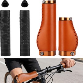 Bicycle Grips Set of 4 (2 Leather + 2 Non-Slip) Aluminium Double Lock Ergonomic & Shock Absorbing 22 mm for MTB/BMX/Road Bike/E-Bike/City Bike/Scooter