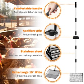 Drunhan Extra Large Chicken Poop Scooper – 15'' Wide Stainless Steel Litter Cleaner, 5-in-1 Adjustable Handle (37-77 Inch), for Chicken Coops, Poultry Barns, Durable Farm & Outdoor Tool