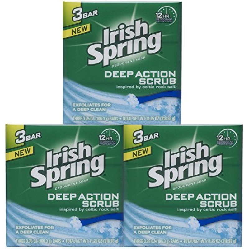 Irish Spring Deep Action Smoothening,Moisturizing,Exfoliating Scrub Bar Soap 3 Pack