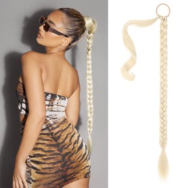 SEIKEA Long DIY Braided Ponytail Extension with Hair Tie Straight Wrap Around Hair Extensions Ponytail Natural Soft Hairpiece Cool Platinum Blonde 34 Inch (After Braided 30 Inch)