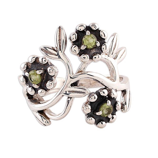 NOVICA Artisan Handmade Peridot Cocktail Ring Floral Sterling Silver from