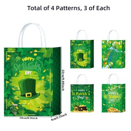 12 PCS Small St Patrick's Day Gift Bags With Handle,6 Designs Shamrock Paper Bags,Green Goody Bags,Treat Bags for St Patricks Day Presents Candies Cookie Snacks