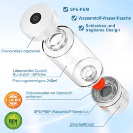 Sunity Hydrogen Water Bottle, Wasserstoff Wasserflasche mit SPE/PEM-Technologie zur Erzeugung von Wasserstoffwasser, Wasserstoff-Sauerstoff-Trennung, lebensmittelechte BPA-freie Flasche (240 ml)