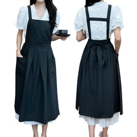 TALIBSA Pinafore Apron Dress，Japanese Cotton Linen Cross Back Apron for Women with Pockets，Pinafore Dress with Waist Ties (Black)