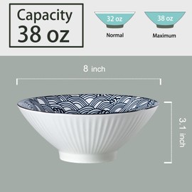 Yuanlity 38 oz Japanese Ramen Bowl Set of 6 - Large 8 Inch Ceramic Soup Bowls, Blue and White Japanese Noodle Bowls for Pho, Ramen, and Salad - Wave Patterns