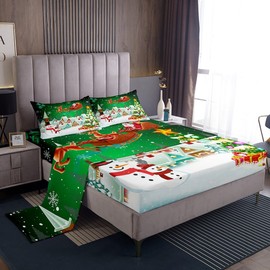 Manfei Christmas Sheet Set Full Size, Snowman Xmas Tree Bed Sheet Set 4pcs with Deep Pocket Fitted Sheet + Flat Sheet + 2 Pillowcases, Santa Claus with Deer Bedding Set for Kids Boys Girls Room Decor