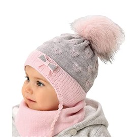 Smarilla Baby Winter Hat Girls Tie Hat Knitted Hat with Triangle Scarf, Pink-Grey