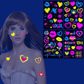 Glow In The Dark Heart Temporary Tattoos,Luminous Neon Valentines Day Temporary Tattoos, Bride Wedding Valentine Heart Bar Party Stickers For Women Men Adults(Neon Heart)
