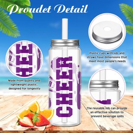 Teenyyou 24 Pcs Cheerleader Gift Bulk for Team Cheer Cups Bow Water Bottles Plastic Cheer Tumblers with Lid and Straw Clear Reusable Cup for Cheerleaders Sport Party Favor Senior Night Gift (Purple)