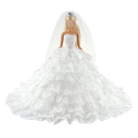 BARWA Long Wedding Dress with Long Veil Evening Party Princess White Lace Gown Dress for 11.5 Inch Girl Dolls