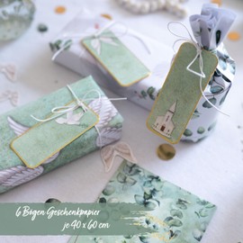 Papierdrachen 6 Sheets of Wrapping Paper | 60 x 40 cm - 6 Different Designs High Quality on 80 g/m² Paper - Eucalyptus - Gift Packaging for Christening, Communion, Confirmation - with 12 Labels - Set