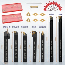 Joogto Indexable Lathe Turning Tool 21Pcs Kit 1/2'' 12mm Shank 7 Pcs Metal Lathe Tool Holder Set for Turning Grooving Threading Boring with 14 Pcs Carbide Inserts Turning Inserts Carbide Turning Tool