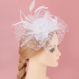 DRESHOW Fascinators Hat Flower Mesh Ribbons Feathers on a Headband and a Clip Tea Party Headwear for Girls and Women