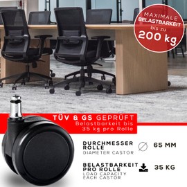 MYNEEED Office Chair Castors for Carpet, Soft Floor, Diameter 65 mm, Durable Soft Floor Castors, Safety Double Castors with Thread Protection, Certified by TÜV & GS, Pin Diameter: 11 mm