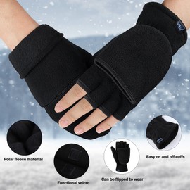 Kakaly Convertible Fingerless Gloves - Winter Thermal Gloves Warm Polar Fleece Mittens Half Finger Work Fishing Driving Running Gloves Gift For Men UK Black-XL