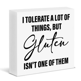 Funny Gluten Free Wood Sign I Tolerate a Lot of Things but Not Gluten Wooden Block Box Sign Home Dining Room Kitchen Table Desk Wall Decor