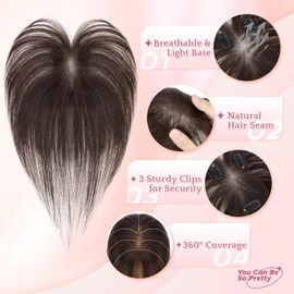 SEGOHAIR Hair Toppers for Women Real Human Hair with Bangs 360°Cover 3D Clips 2.76"x4.33" Breathable Lace Base 11 Inches Lightweight Hairpieces airy bangs Dark Brown