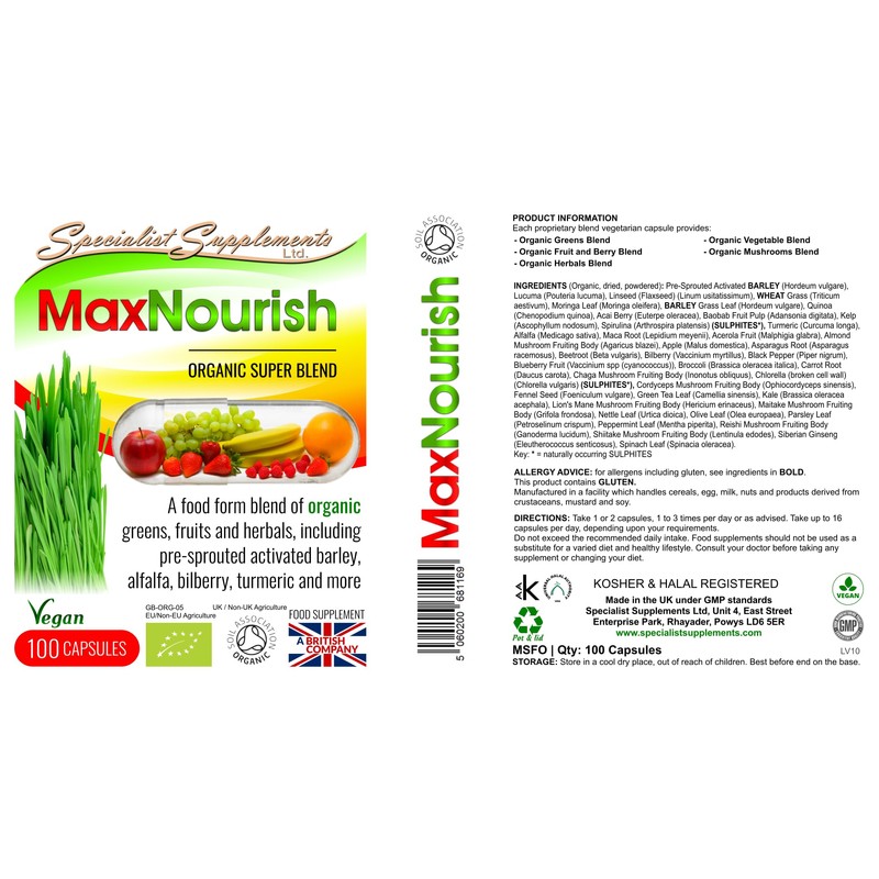 Specialist Supplements MaxNourish Organic 100 Capsules, (Pack of 1)