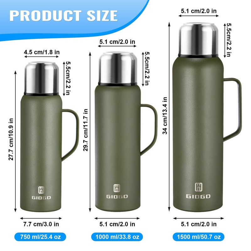 Insulated Vacuum Thermo Bottle 50oz with Cup lid Leakproof Stainless