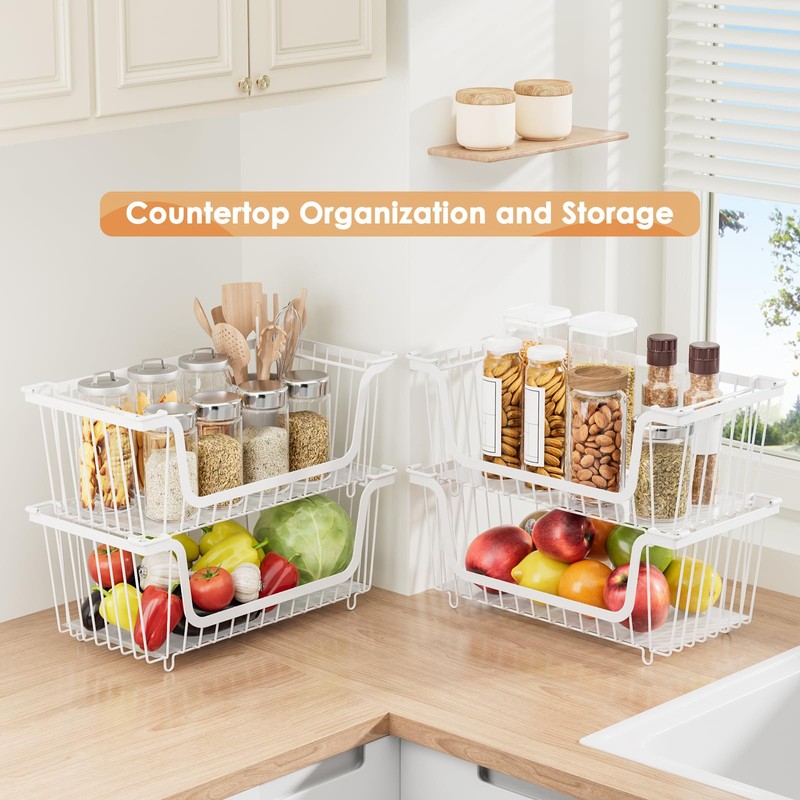 4 Pack Stackable Wire Baskets with Handles for Pantry Organizers