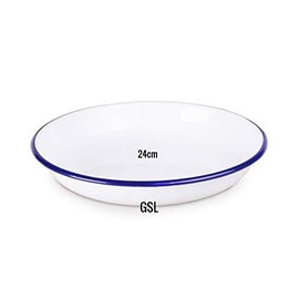2 x 24cm Round White Enamel Blue Rim Pie Dishes