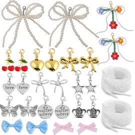eswala Shoe Charms for Sneakers Kit 28pcs Pearl Bowknot Lace Shoe Laces Jewelry Charms with Lobster Clasps Bows Pins for Shoes Pins for Sneakers Sambas Decoration Accessories for Women Fashion