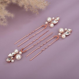 Teyglen Crystal Bride Wedding Hair Pins Pearl Hair Pins Clips Wedding Hair Accessories for Bride Rhinestone Pearl Headpiece Crystal Bridal Hair Piece for Women Girls (Rose gold)