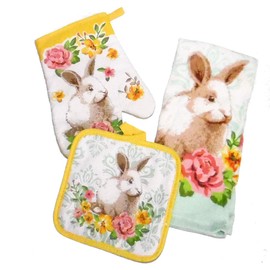 Pastel Easter Bunny Spring Design Kitchen Set 3 Piece - 1 Potholders, 1 Oven Mitt & 1Towel
