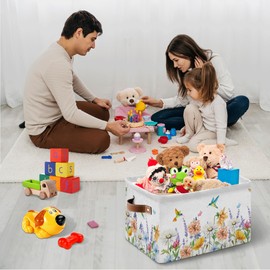 JOPJOLIW Spring Summer Wildflower Rectangle Storage Basket - Floral Bird Themed Collapsible Storage Baskets with Handles - Plant Butterfly Pattern Storages Bin for Kids Clothes, Gifts, Books, Toys