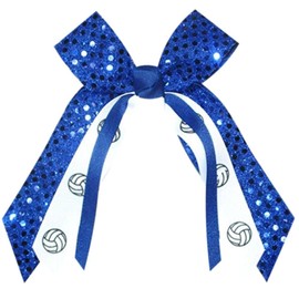 Volleyball Sequin Hair Bow, Made in the USA, White Pony Band (Century Blue), many colors
