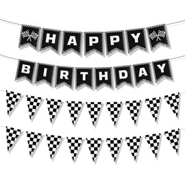Black Race Car Birthday Banner, Checkered Flag Car Happy Birthday Banner Double-Side Racing Car Birthday Party Banner Self Assemble Decoration