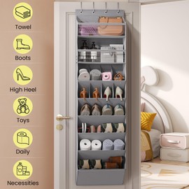 Mefirt 8 Tier Clear Over the Door Shoe Organizer with Deep Pockets, Door Shoes Rack with hard Cardboard and Tubes to Keep the Shape, Hanging Shoe Rack for Closet Organizers, Shoe Holder Grey