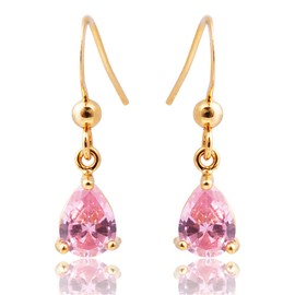 RIZILIA Dangle Drop Pierced Earrings with Pear Cut CZ [Simulated Pink Sapphire] in Yellow Gold Plated, Simple Modern Elegant