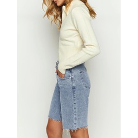 PLNOTME Womens Crossover Denim Shorts Summer Asymmetrical High Waisted Straight Leg Jean Shorts