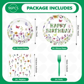 96 Pcs Wildflower Party Supplies 350 GSM Green Floral Paper Plates and Napkins Disposable Spring Flower Birthday Tableware Set for Spring Birthday Party Serves 24