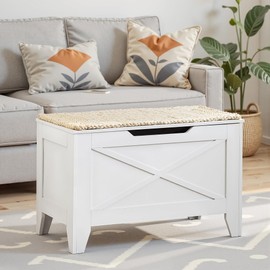 VECELO 30" Storage Bench, Entryway Shoe Ottoman, Farmhouse Style Bench with Handwoven Cushion and Metal Safety Hinges, for Bedroom, Living Room, Entryway, White